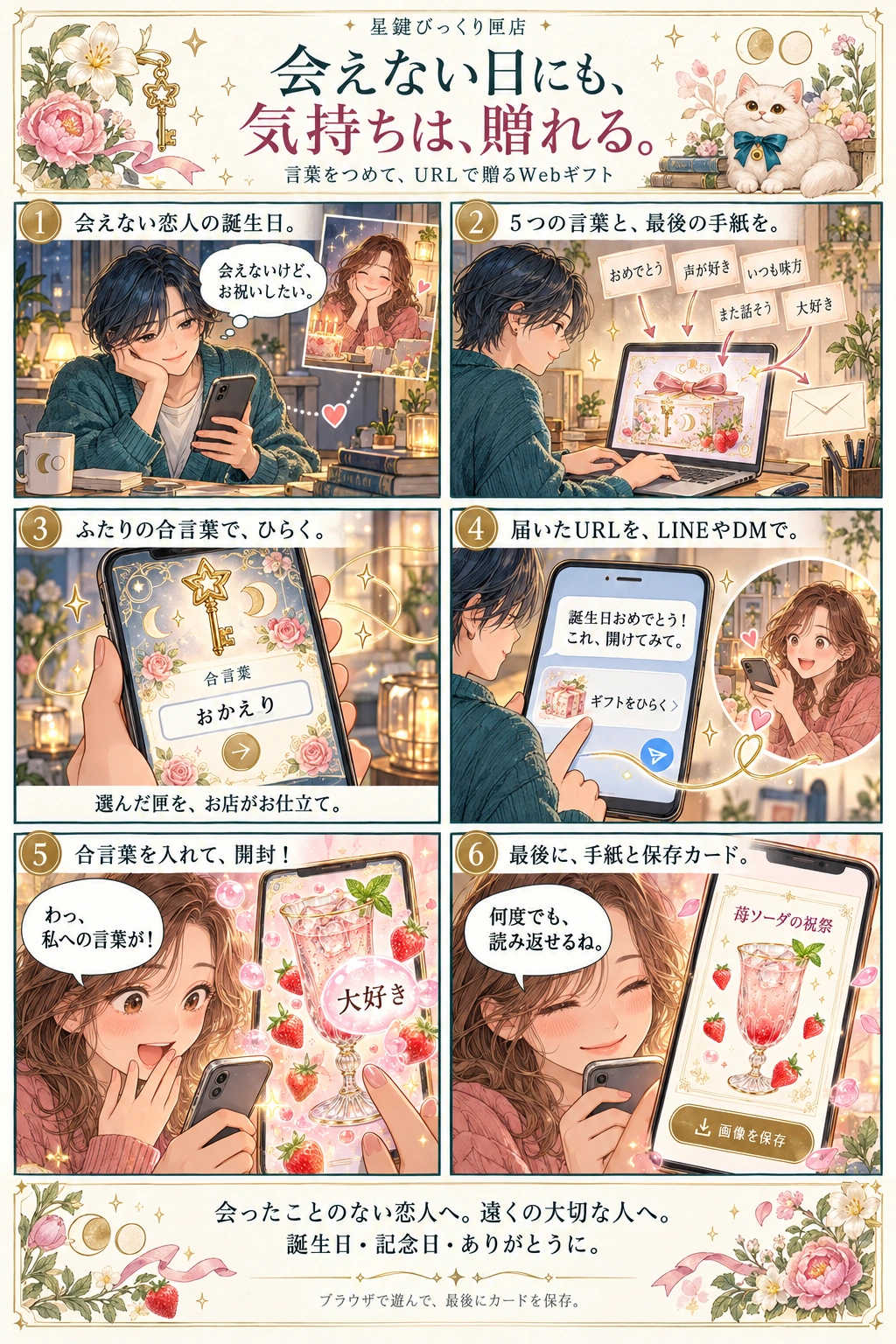 会えない日にも、気持ちは、贈れる。5つの言葉と手紙を選び、合言葉を添えてお店に依頼。届いたURLを恋人に送り、相手が開封して、最後に画像カードを保存する6コマ漫画。